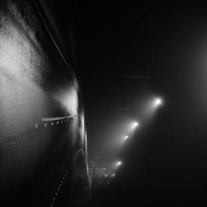 Preview wallpaper road, night, streetlights, fog, dark, bw