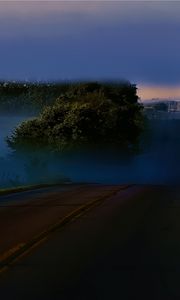 Preview wallpaper road, night, trees, fog, dark