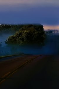 Preview wallpaper road, night, trees, fog, dark
