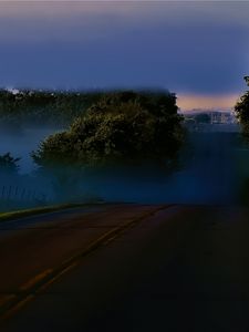 Preview wallpaper road, night, trees, fog, dark