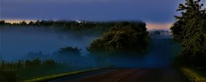 Preview wallpaper road, night, trees, fog, dark