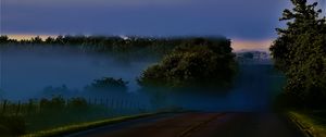 Preview wallpaper road, night, trees, fog, dark