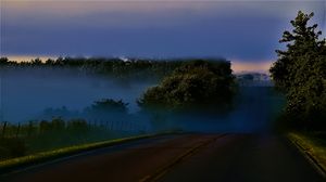 Preview wallpaper road, night, trees, fog, dark