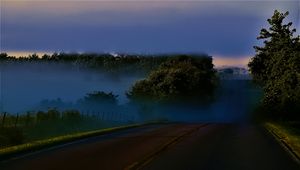 Preview wallpaper road, night, trees, fog, dark