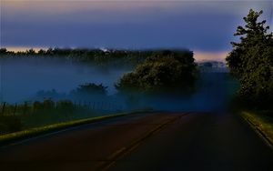 Preview wallpaper road, night, trees, fog, dark