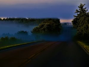 Preview wallpaper road, night, trees, fog, dark