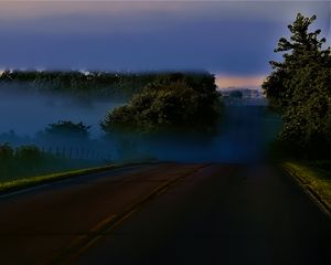 Preview wallpaper road, night, trees, fog, dark