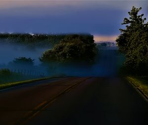 Preview wallpaper road, night, trees, fog, dark