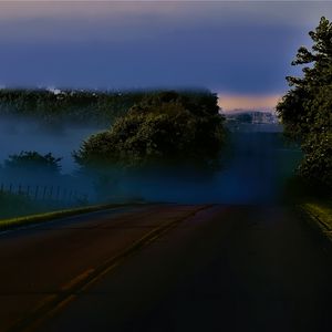 Preview wallpaper road, night, trees, fog, dark