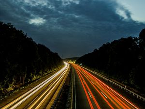 Preview wallpaper road, night, turn, traffic, light