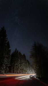 Preview wallpaper road, night, winter, lights, long exposure, dark