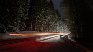 Preview wallpaper road, night, winter, lights, long exposure, dark
