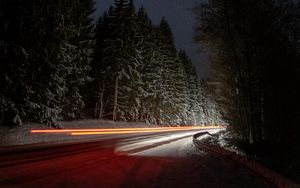 Preview wallpaper road, night, winter, lights, long exposure, dark