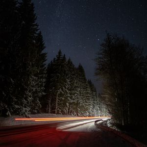 Preview wallpaper road, night, winter, lights, long exposure, dark