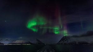 Preview wallpaper road, northern lights, night, mountains