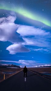 Preview wallpaper road, northern lights, starry sky, markings, man
