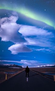 Preview wallpaper road, northern lights, starry sky, markings, man