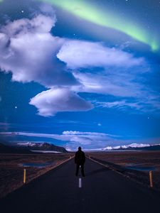 Preview wallpaper road, northern lights, starry sky, markings, man