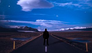 Preview wallpaper road, northern lights, starry sky, markings, man