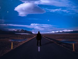 Preview wallpaper road, northern lights, starry sky, markings, man