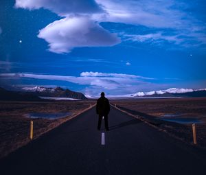 Preview wallpaper road, northern lights, starry sky, markings, man