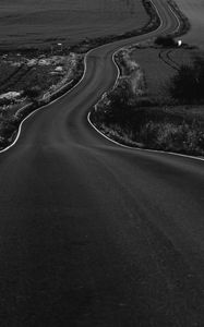Preview wallpaper road, path, fields, landscape, bw, dark