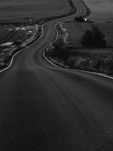 Preview wallpaper road, path, fields, landscape, bw, dark