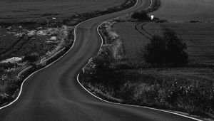 Preview wallpaper road, path, fields, landscape, bw, dark