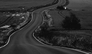 Preview wallpaper road, path, fields, landscape, bw, dark