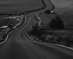Preview wallpaper road, path, fields, landscape, bw, dark