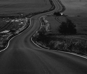 Preview wallpaper road, path, fields, landscape, bw, dark