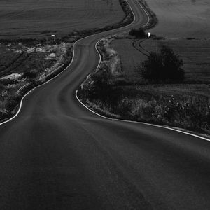 Preview wallpaper road, path, fields, landscape, bw, dark