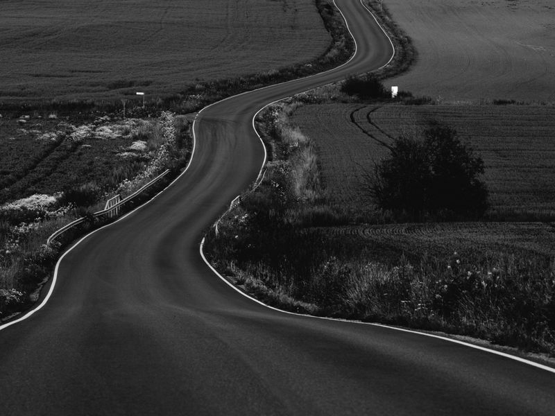 800x600 Wallpaper road, path, fields, landscape, bw, dark