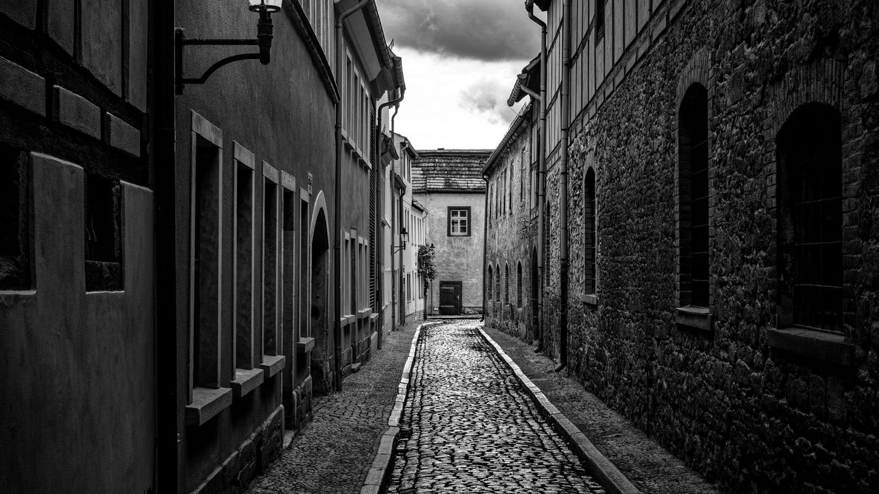 Wallpaper road, paving stones, houses, buildings, street, black and white