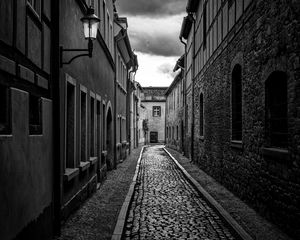 Preview wallpaper road, paving stones, houses, buildings, street, black and white