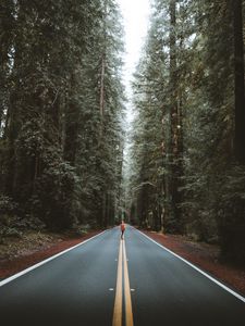 Preview wallpaper road, person, silhouette, trees, forest