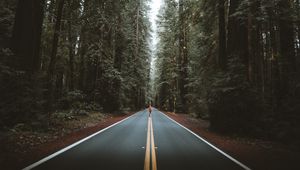 Preview wallpaper road, person, silhouette, trees, forest