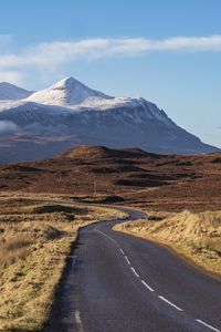 Preview wallpaper road, plain, mountains, peaks, snow, nature