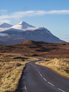 Preview wallpaper road, plain, mountains, peaks, snow, nature