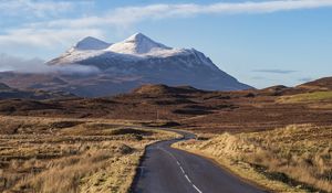 Preview wallpaper road, plain, mountains, peaks, snow, nature