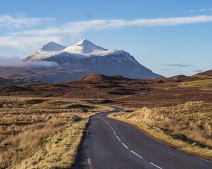 Preview wallpaper road, plain, mountains, peaks, snow, nature