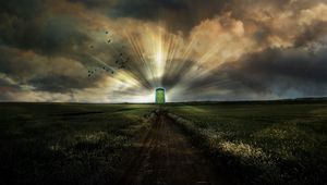 Preview wallpaper road, portal, doors in paradise, field, sky, birds