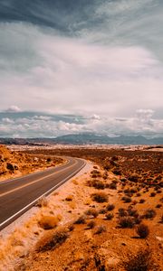 Preview wallpaper road, prairie, bushes, marking, mountains, distance