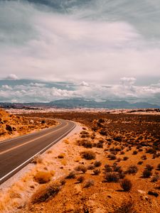 Preview wallpaper road, prairie, bushes, marking, mountains, distance