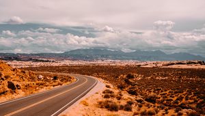 Preview wallpaper road, prairie, bushes, marking, mountains, distance