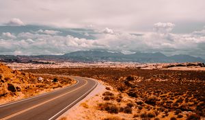 Preview wallpaper road, prairie, bushes, marking, mountains, distance