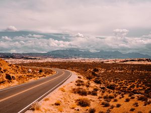 Preview wallpaper road, prairie, bushes, marking, mountains, distance