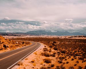 Preview wallpaper road, prairie, bushes, marking, mountains, distance