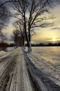 Preview wallpaper road, protector, winter, snow, crust, avenue, sun, sky, clouds