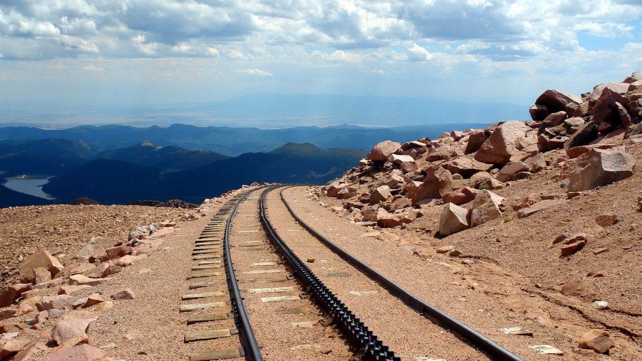 Wallpaper road, rails, cross ties, desert, stones, sand, day